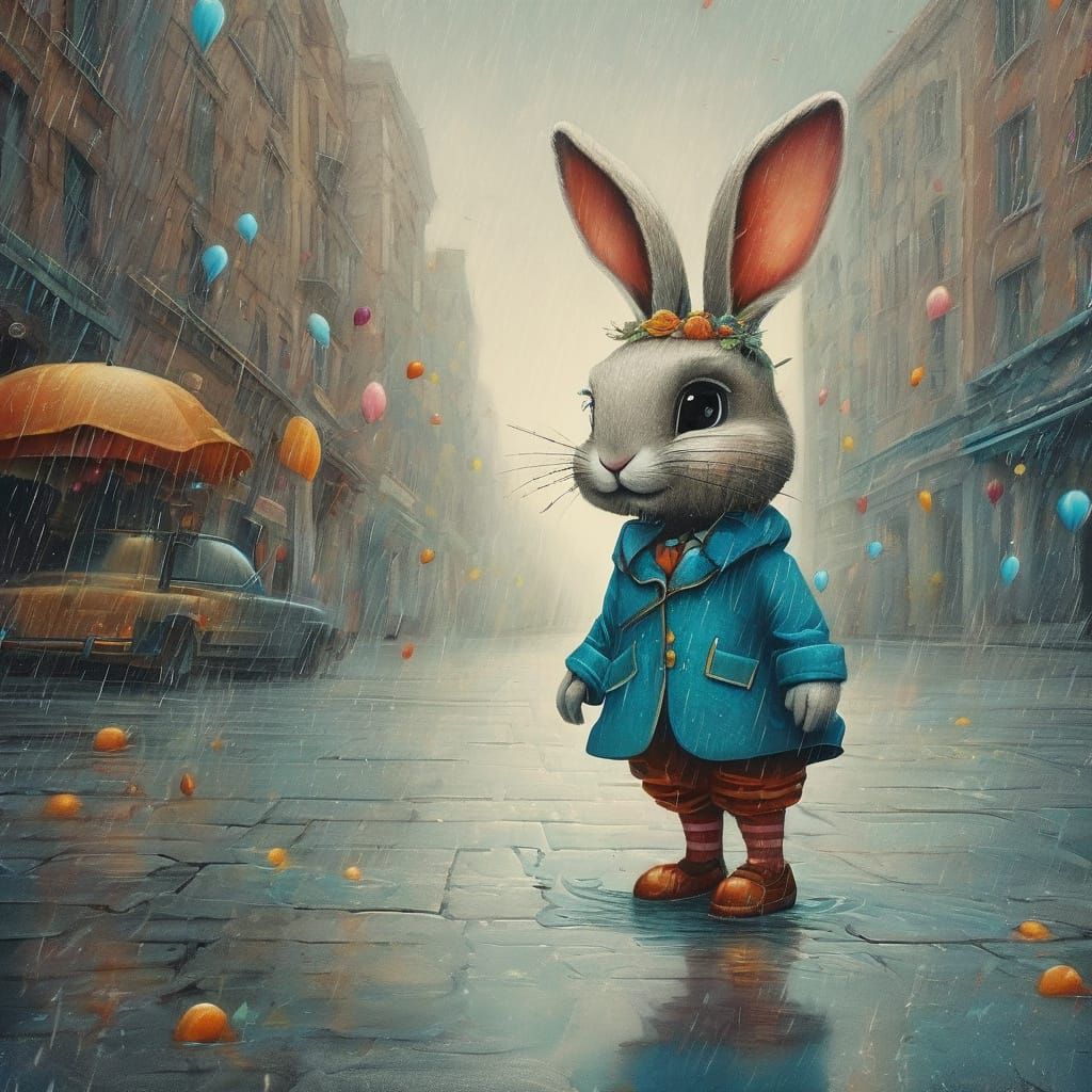 Surreal Rabbit Dancing in Rain, Mixed Media Style