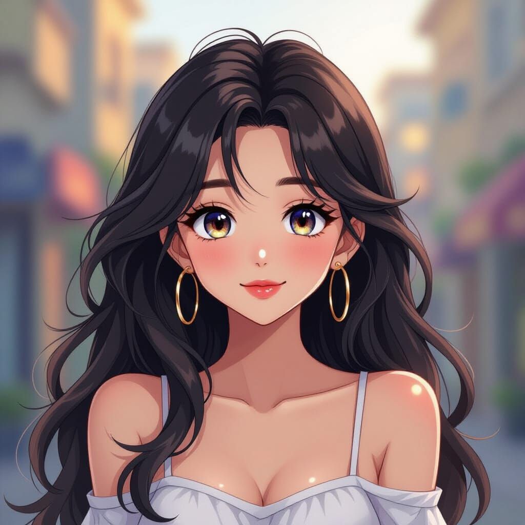 Beautiful Young Woman with Sparkling Eyes in Anime Style