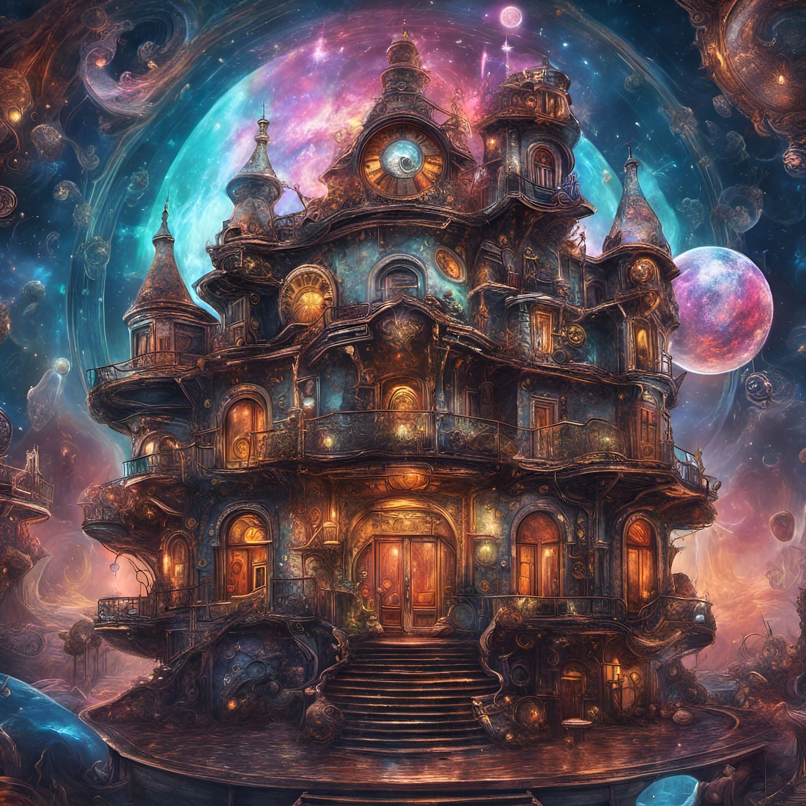 Steampunk Mansion in Cosmic Illustration Style