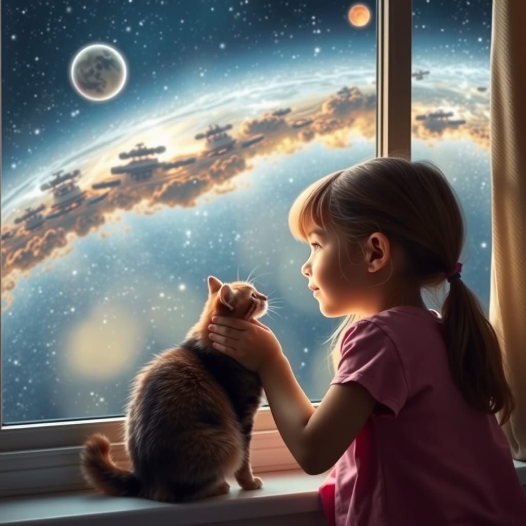 Girl and Cat Gaze at Outer Space