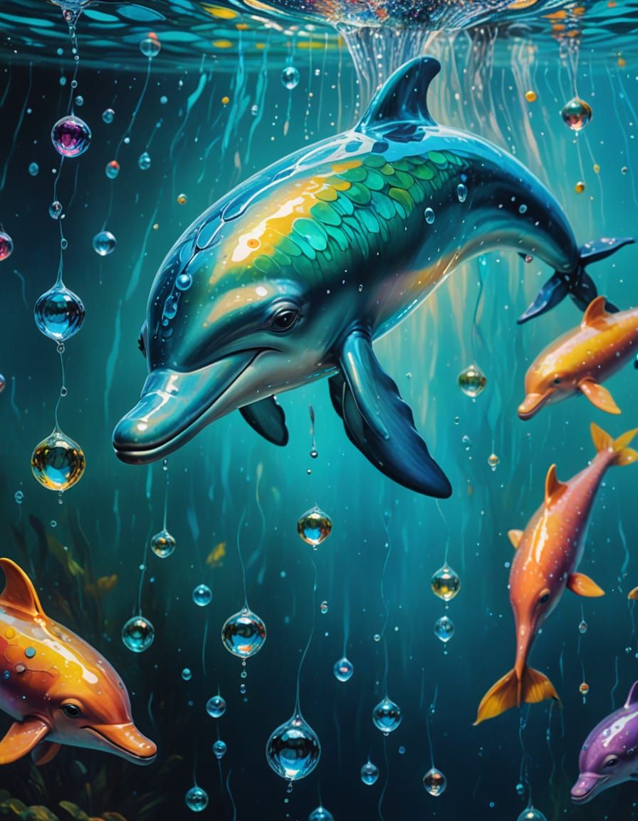 Glass River Dolphin in Surreal Oil Painting