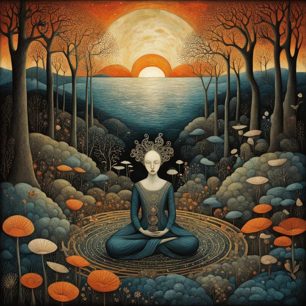 Whimsical Garden Scene in Vibrant Colors and Intricate Patte...