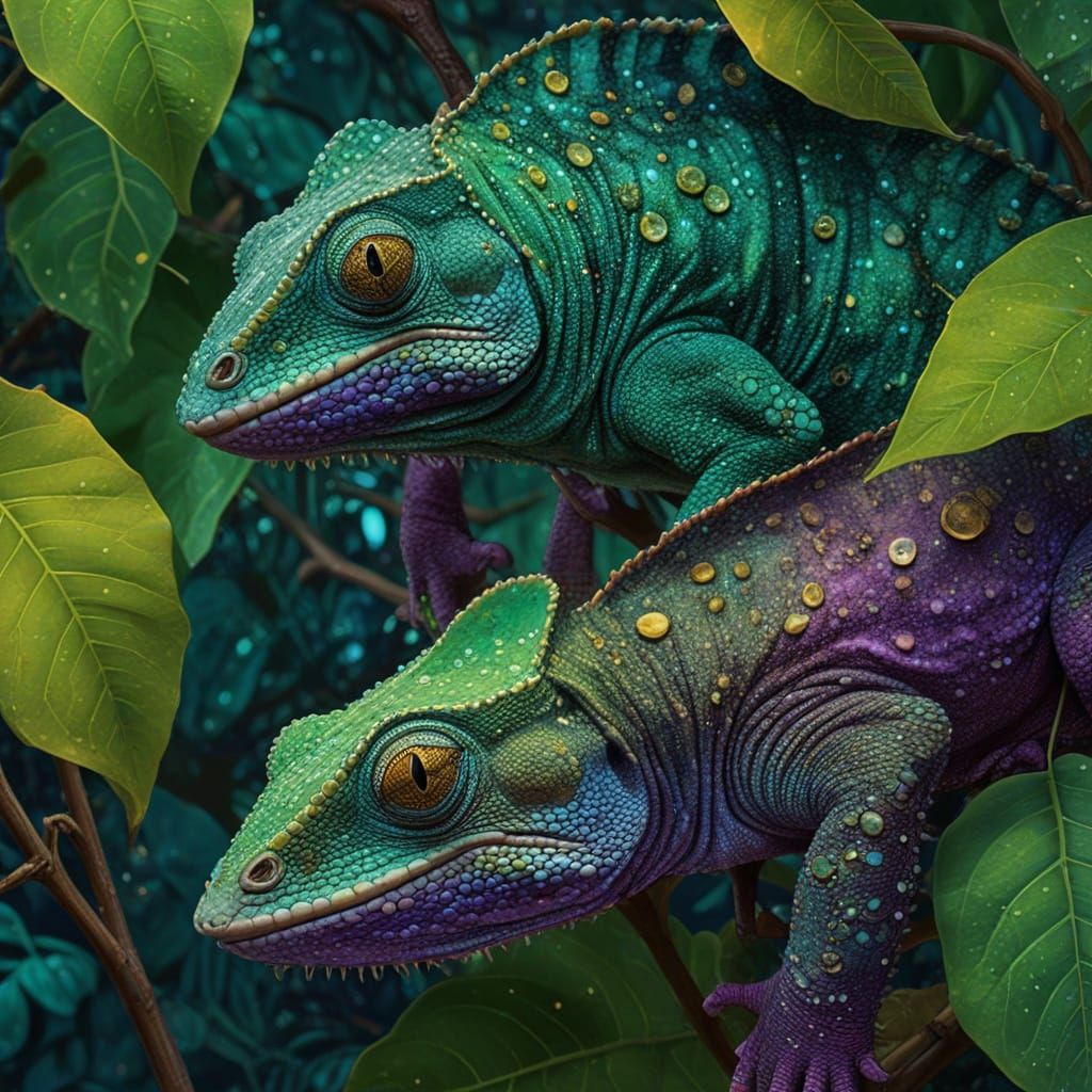 Surreal Chameleons Among Lush Jungle Leaves