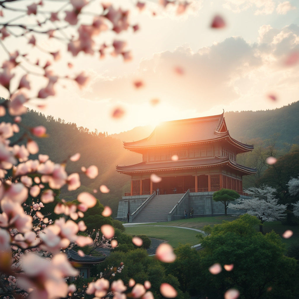 Temple Hall at Dusk with Falling Cherry Blossoms