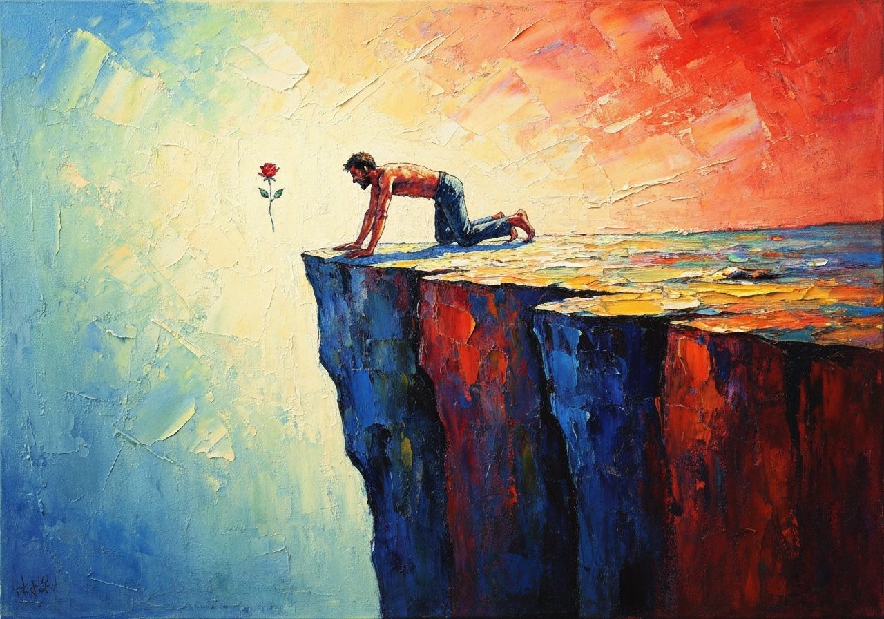 Man Reaches for Falling Rose at Cliff Edge, Expressionist St...