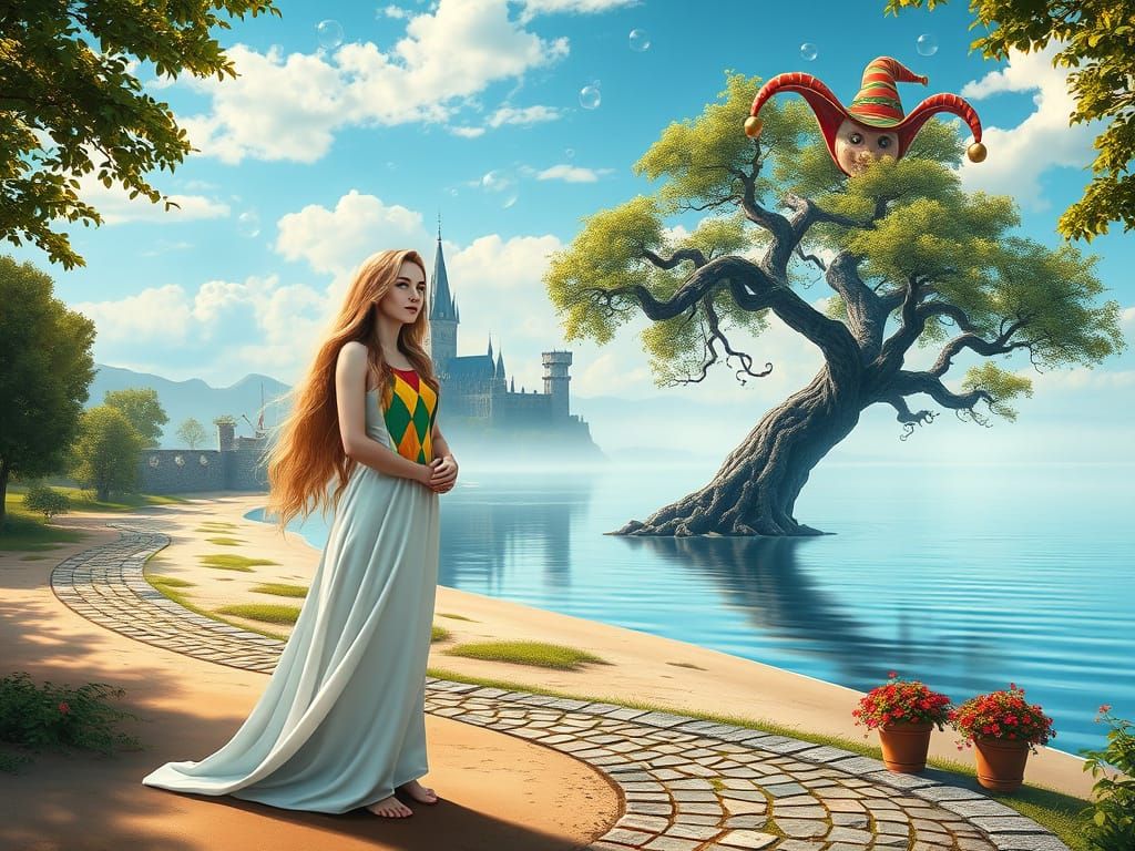 Whimsical Goddess in White Gown with Jester by Tranquil Lake