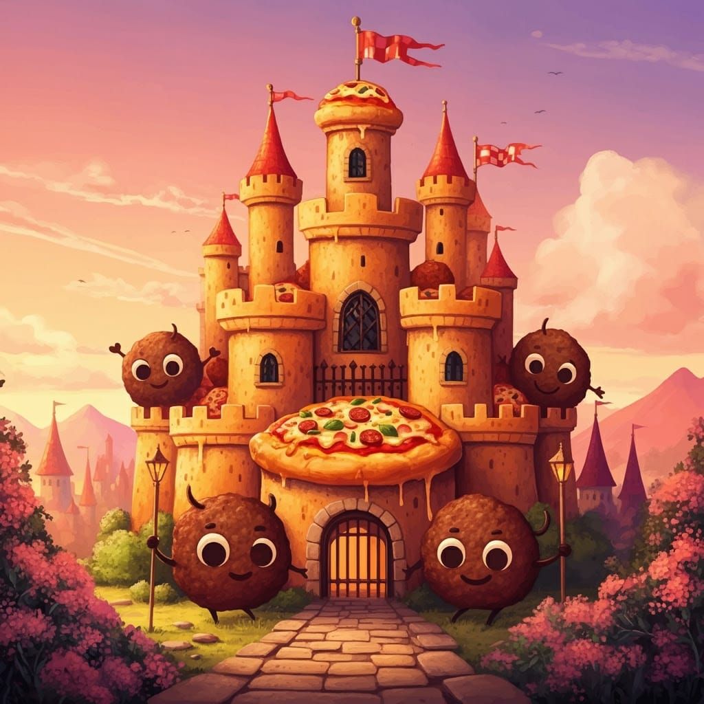 Medieval Pizza Castle in Whimsical Illustration Style