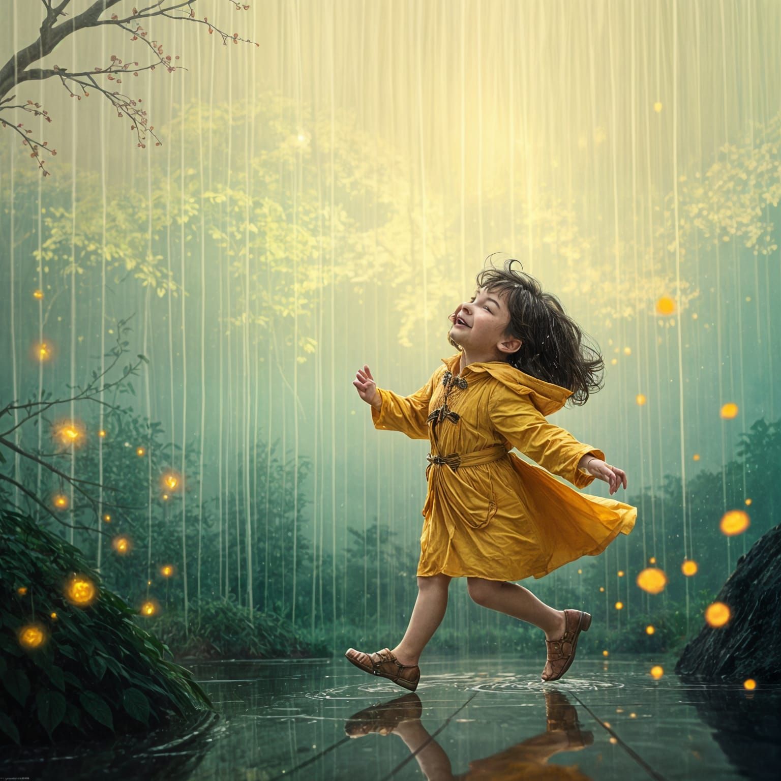 Child Dancing in the Rain: Dreamlike Art Nouveau Portrait