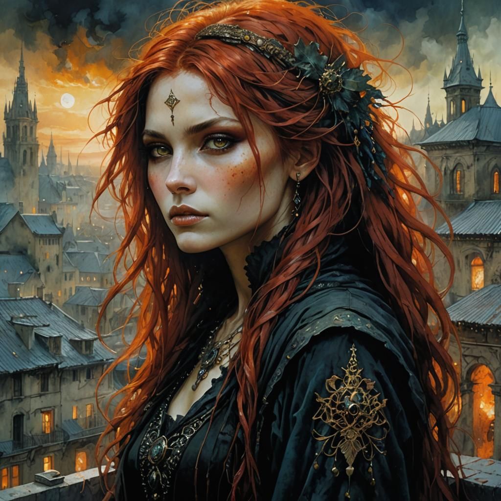 Enigmatic Woman with Fiery Hair in Bohemian Style