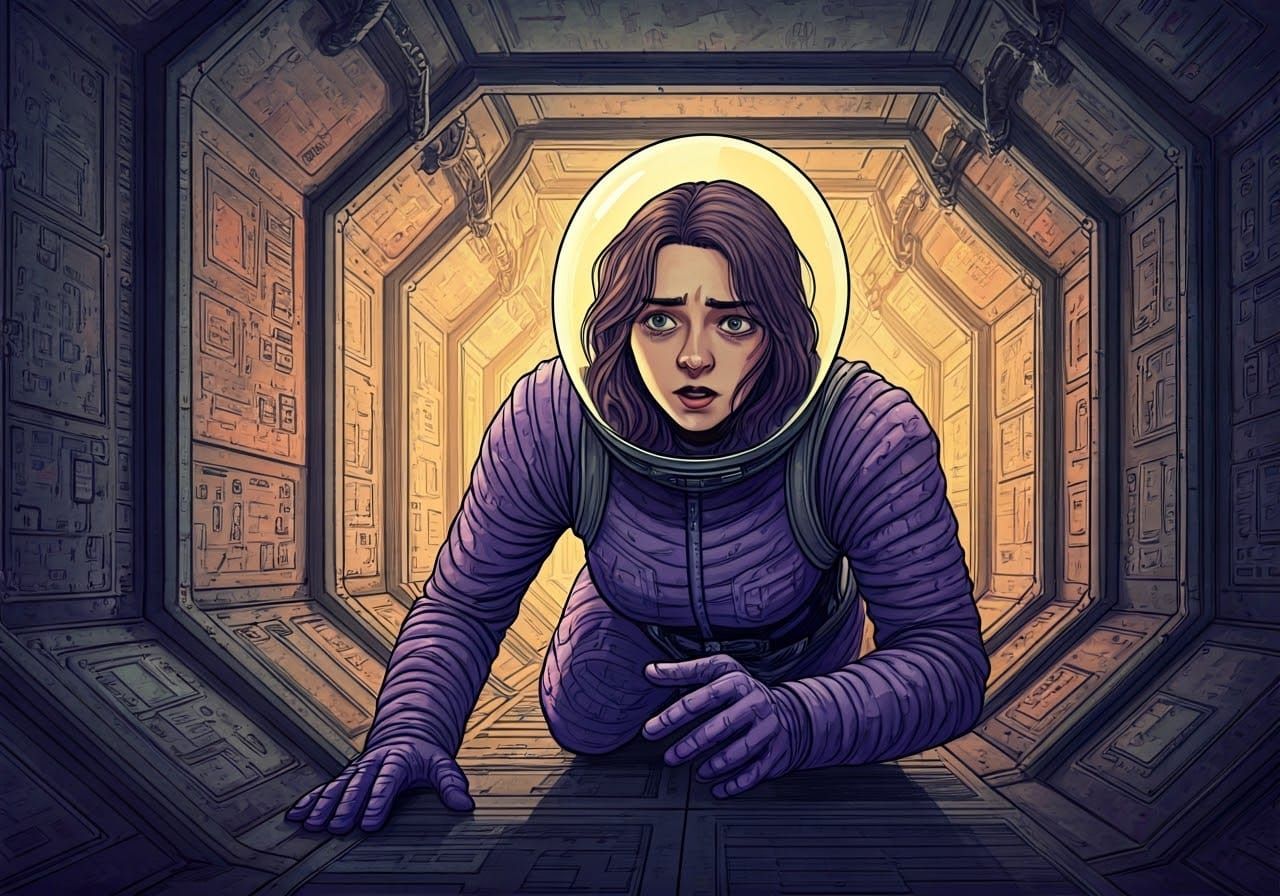 Ashildr in Purple Spacesuit Cautiously Navigates Dark Metall...