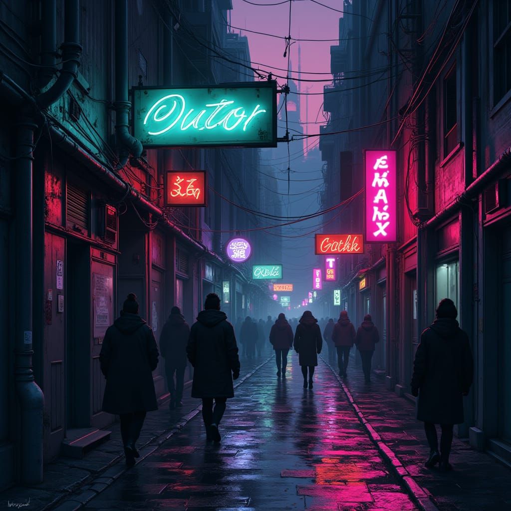 Cyberpunk Street Scene with Neon Lights