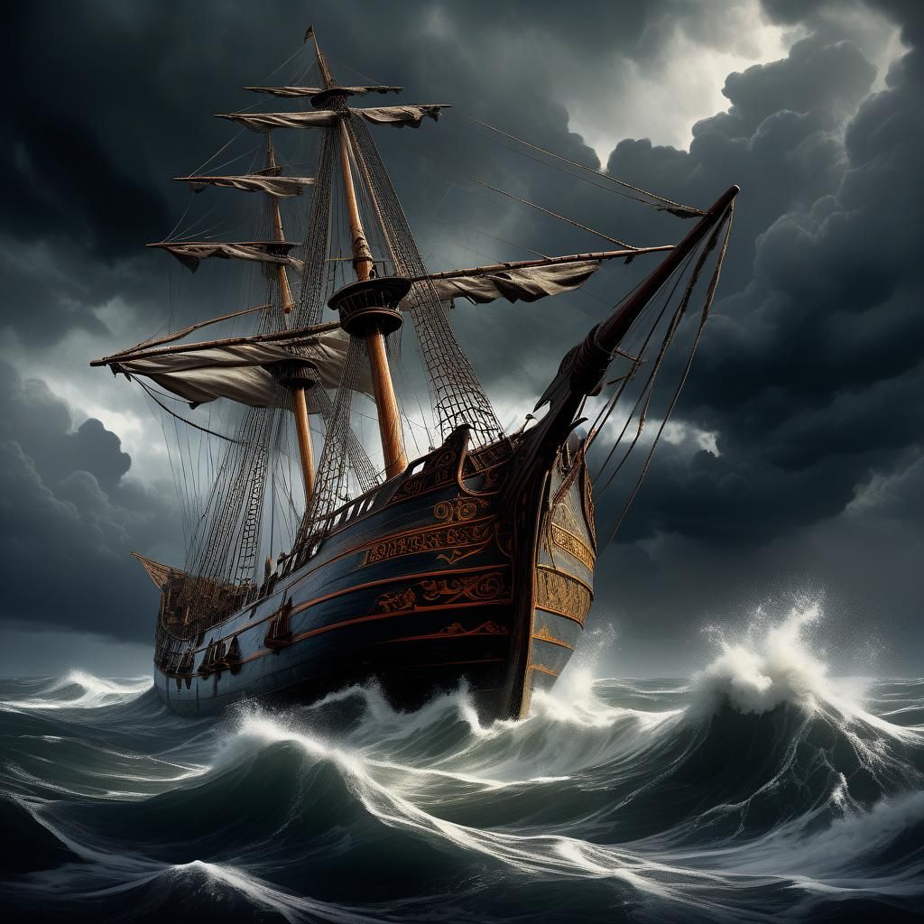 Medieval Ship Adrift in Stormy Gothic Painting