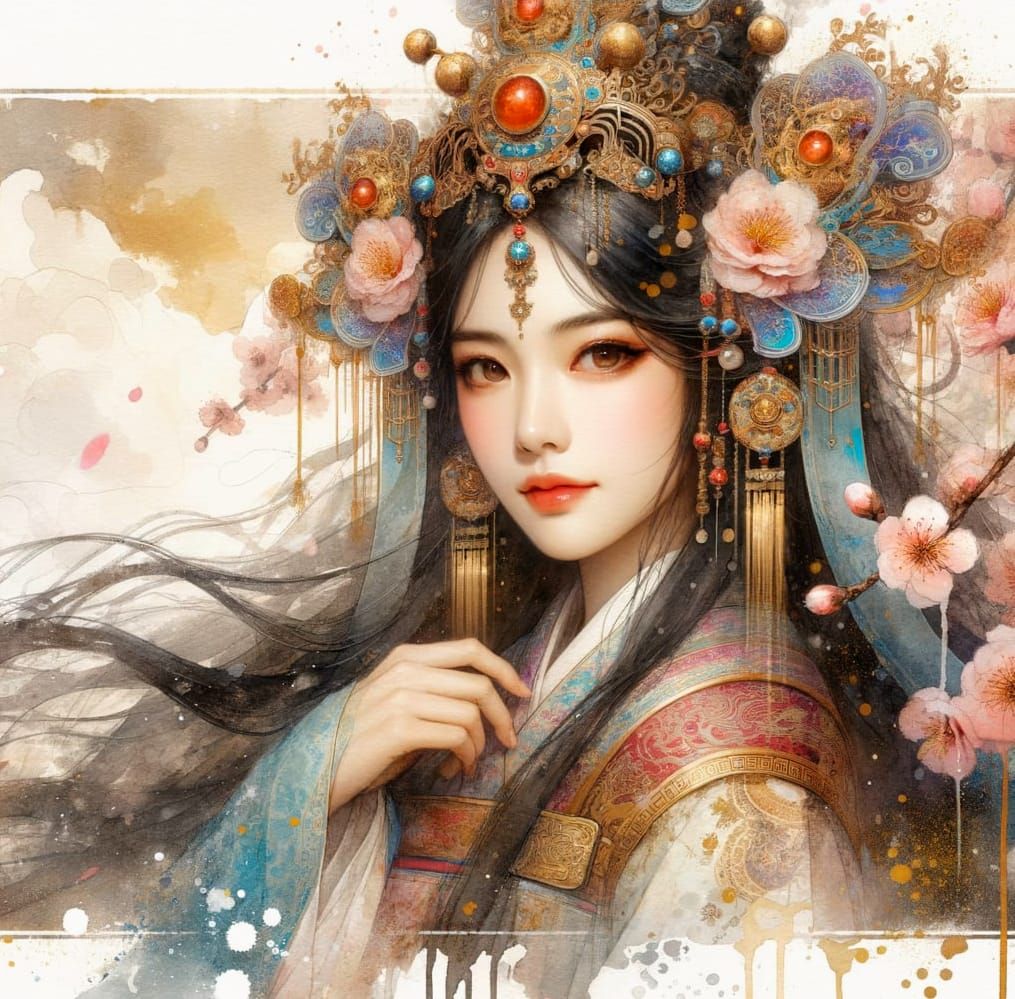 Serene Chinese Woman Amidst Peach Blossoms