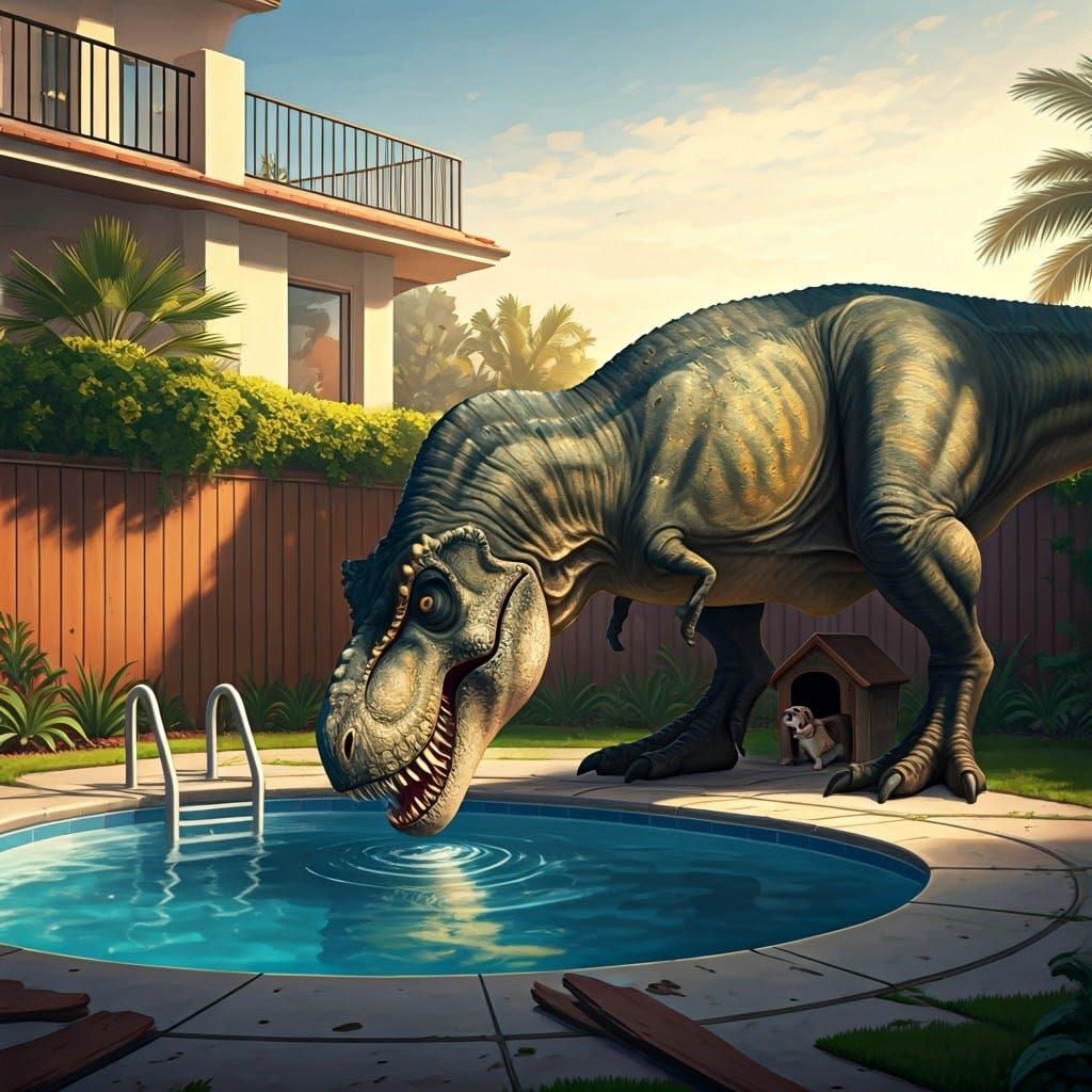 Luxurious Backyard Invasion in Vibrant Oil Painting Style