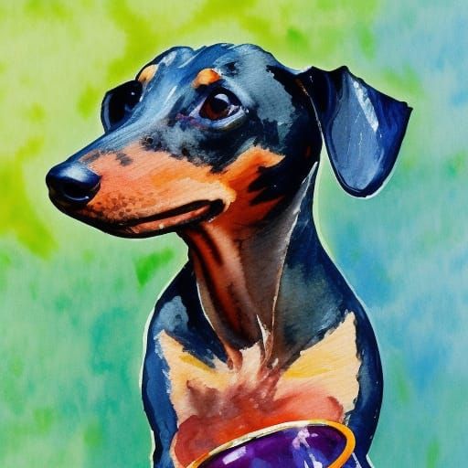 Dachshund Eating Food as Gouache Watercolor Painting