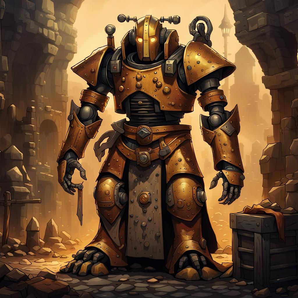 Dark Fantasy Warforged Robot Cleric at Anvil