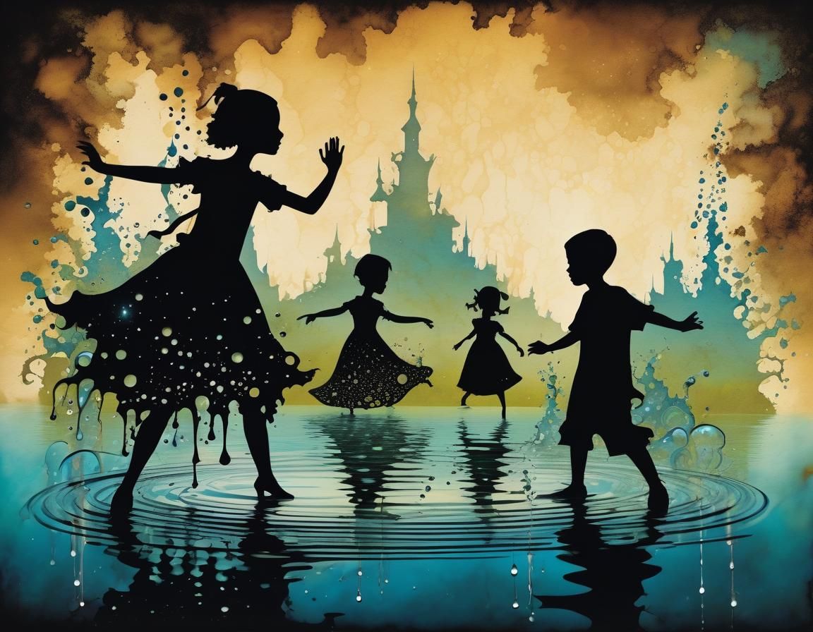 Kids Dancing at Lake's Edge: Alcohol Ink Art