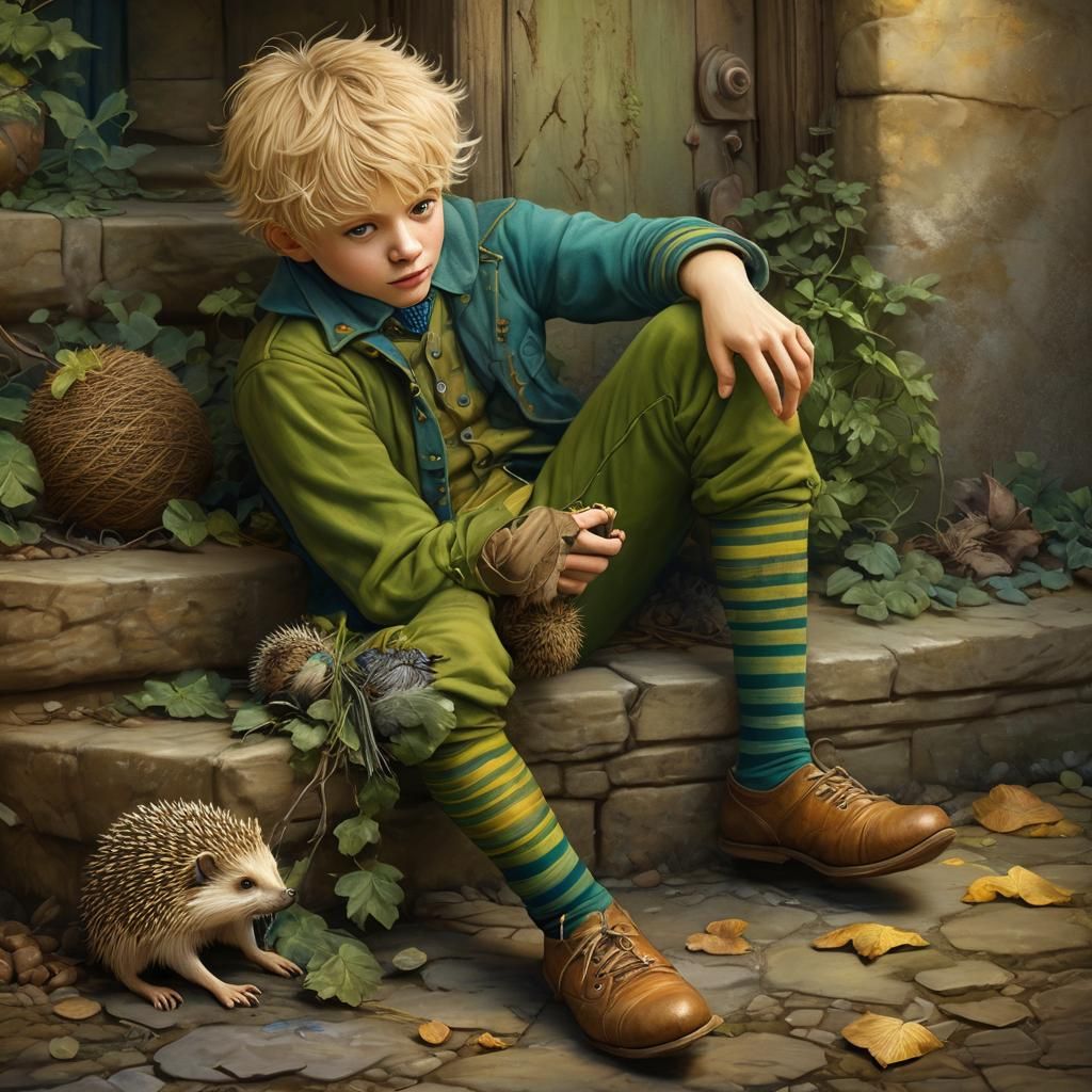 Boy and Hedgehog in Whimsical Digital Painting