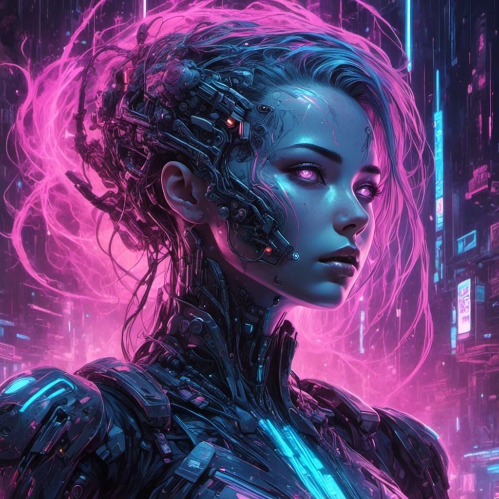 Retro Sci-Fi Cyborg Brain Head in Dark Gouache