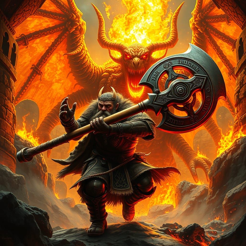 Dwarf King Durin Battles Balrog in Fiery Abyss