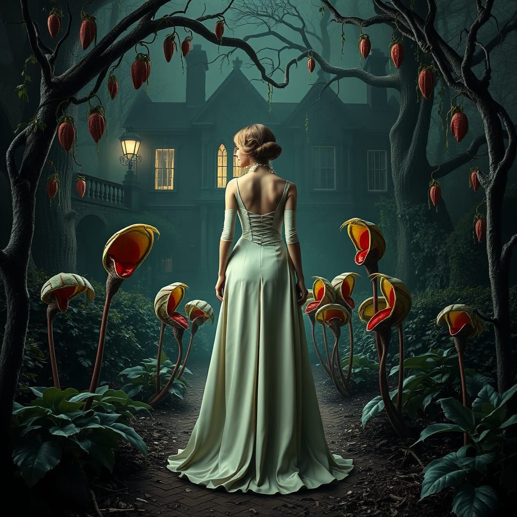 Eerie Victorian Woman in Surreal Garden