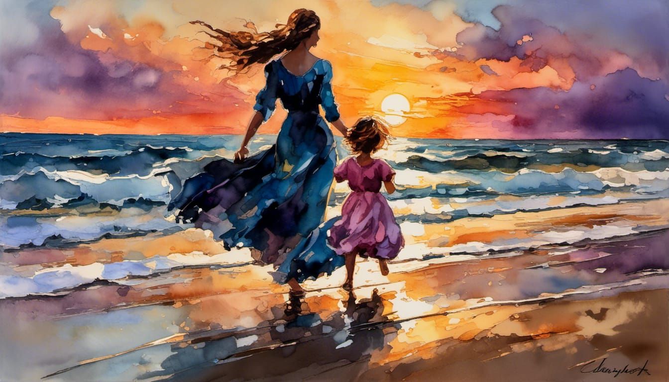 Mother and Daughter at Sunset: Watercolor Impressionism