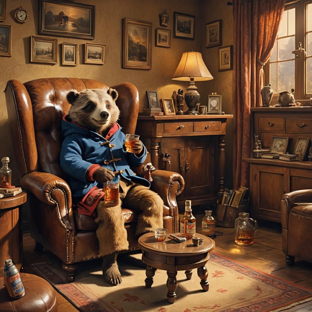 Paddington and Badger Enjoying Whiskey, Photorealistic