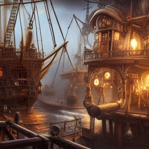Detailed Steampunk Pirate Town and Ship, Digital Painting