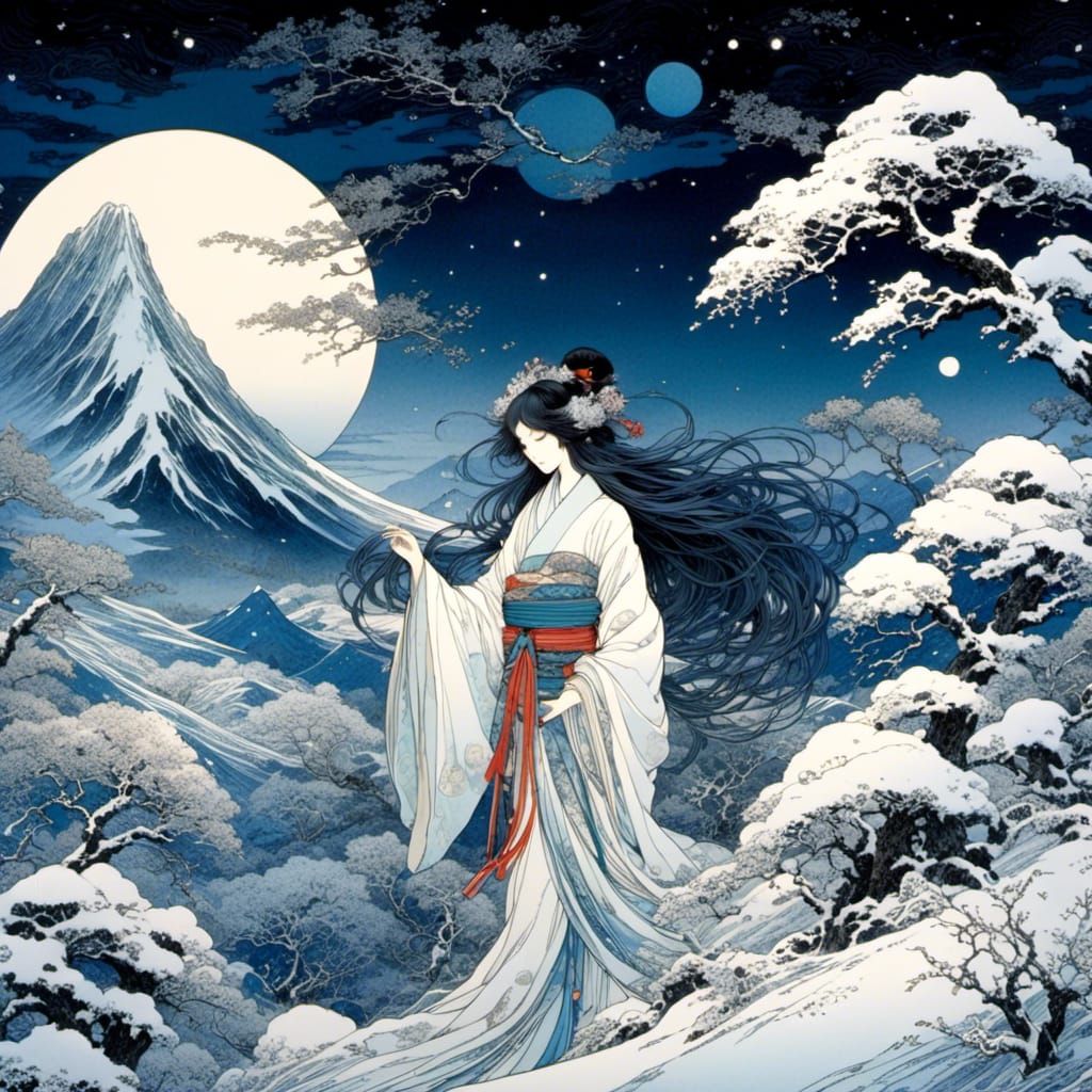 Yuki-onna Comforts Yeti on Snowy Mountain Peak
