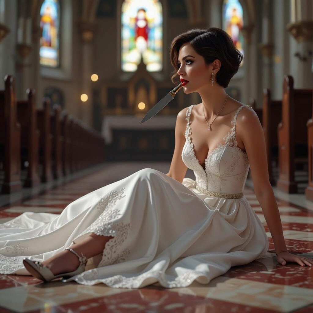 Bride in Church with Knife, Fantastical Matte Painting