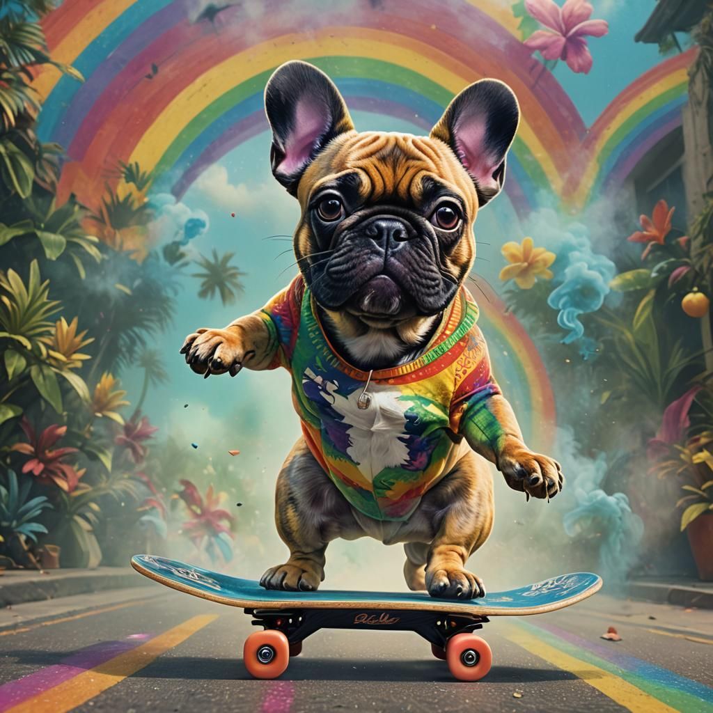 French Bulldog Skateboarding in Reggae Dreamscape