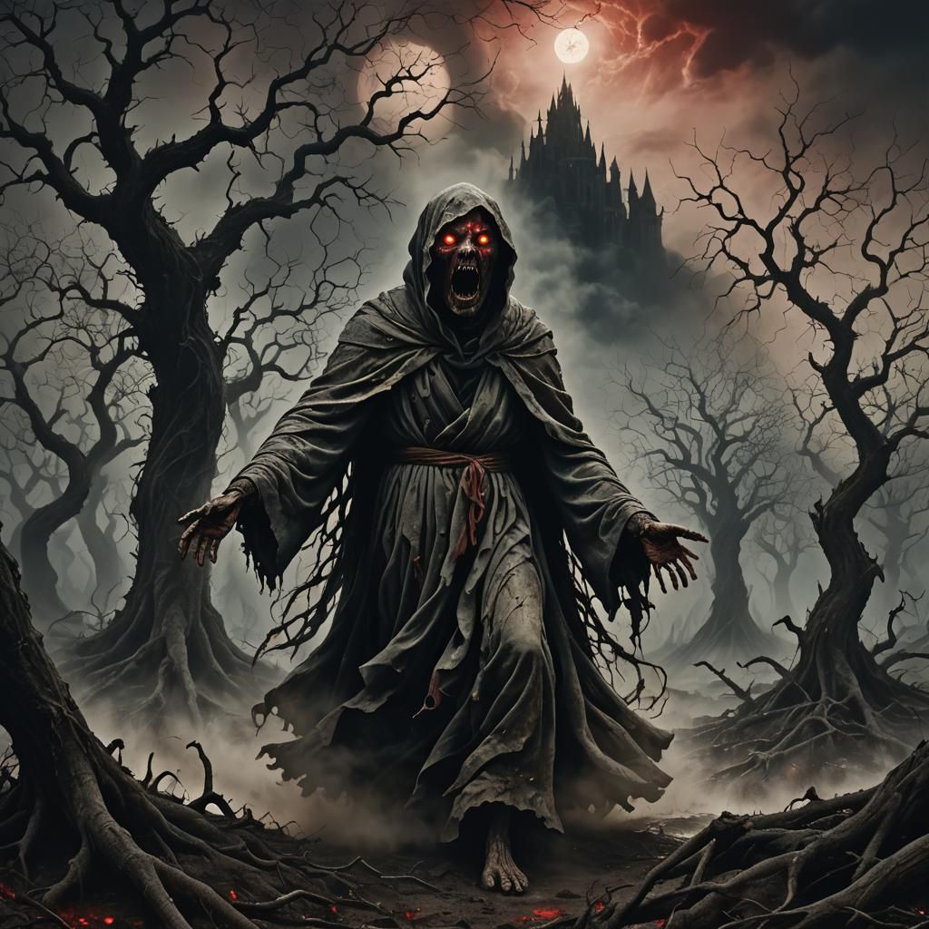 Despairing Figure in Haunted Dark Surrealism Landscape