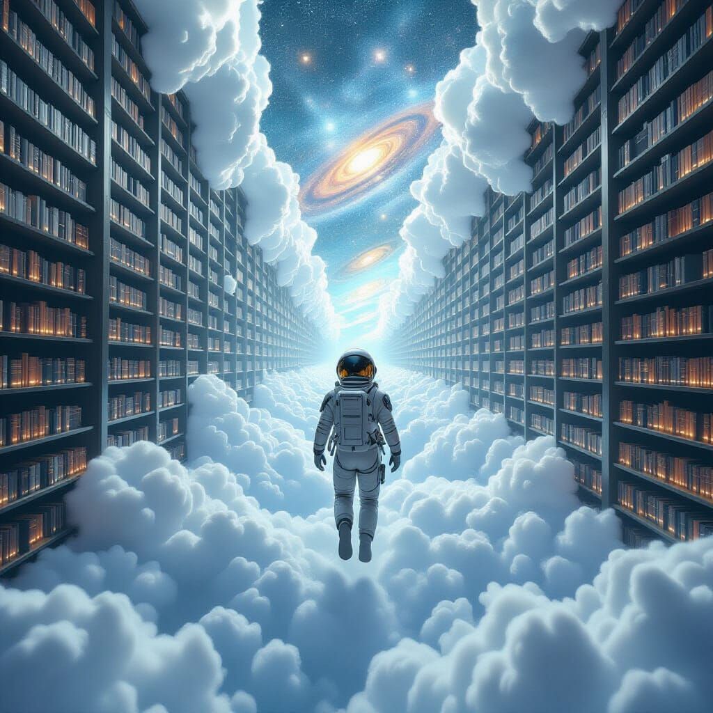 Astronaut in Cloud Library: Surreal Cosmic Dreamscape