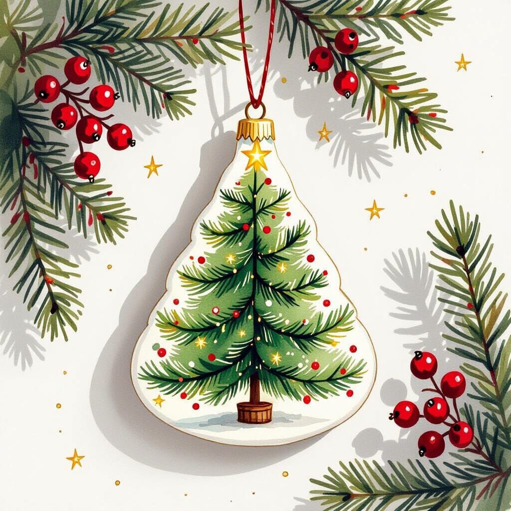 Whimsical Watercolor Christmas Ornament with Holly and Stars