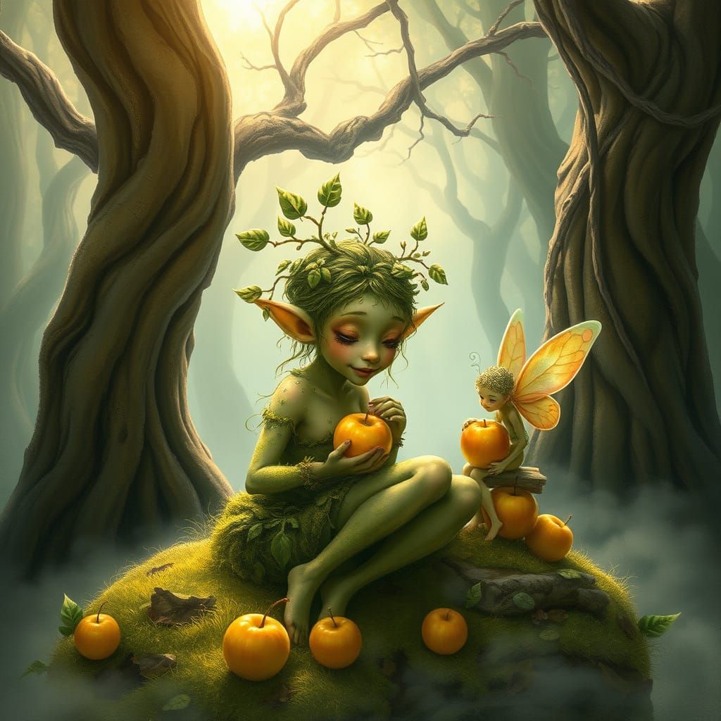 Whimsical Dryad and Fairy Enjoy Golden Apples in Ancient For...