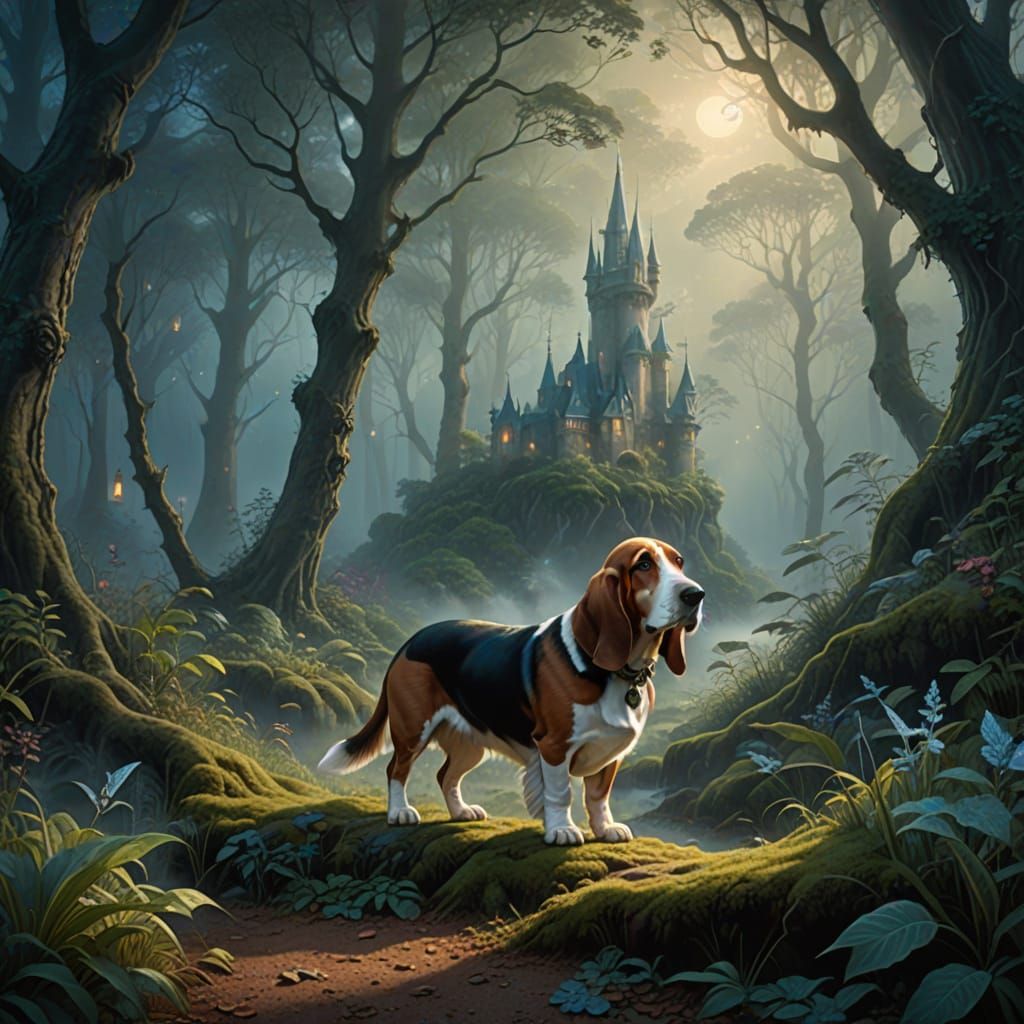 Basset Hound Leads Sherlock Holmes Through Misty Forest