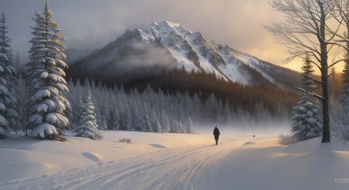 Impressionist Winter Forest Traveler in Golden Light
