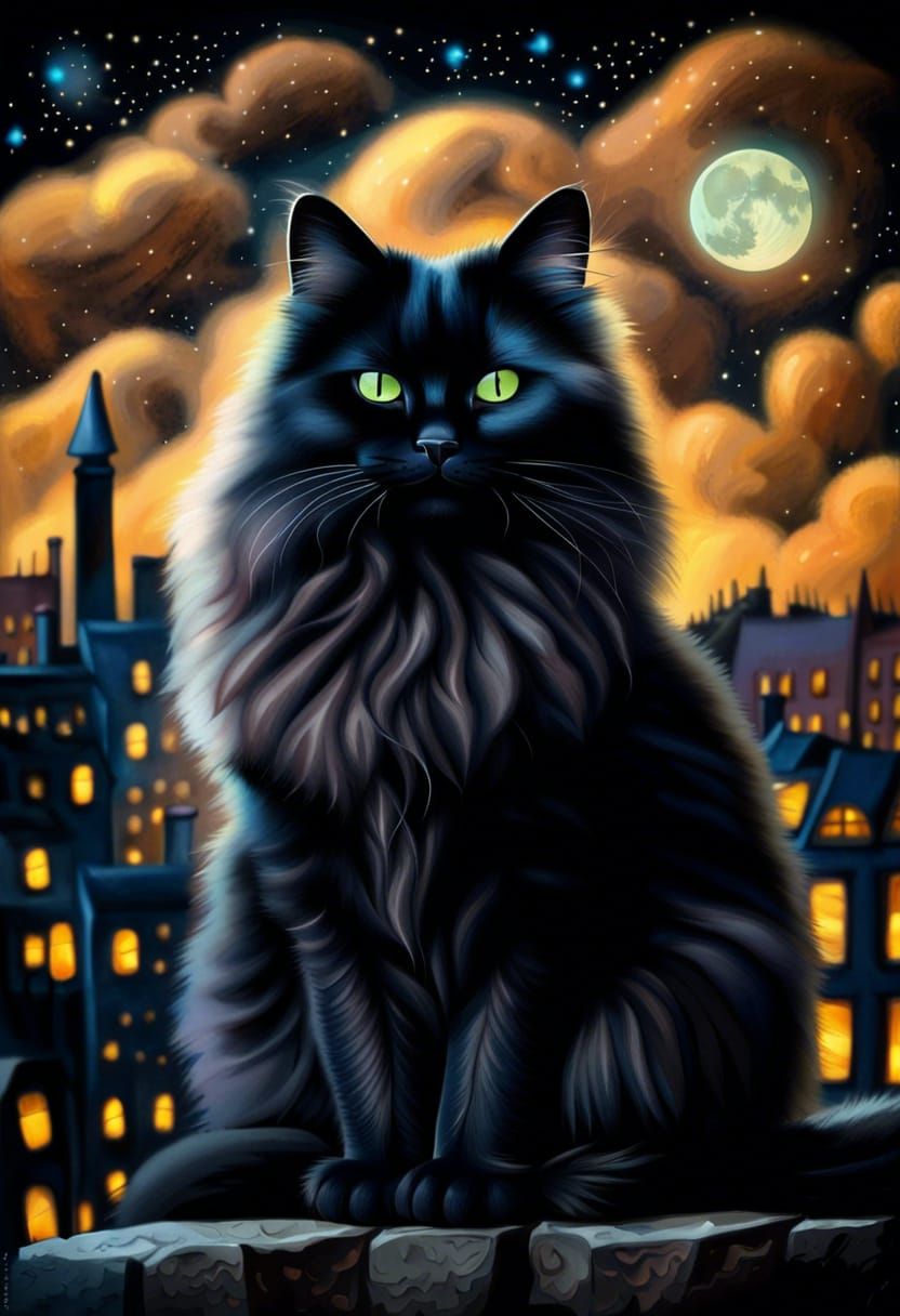 Halloween Cat Under Starry Moonlit Sky