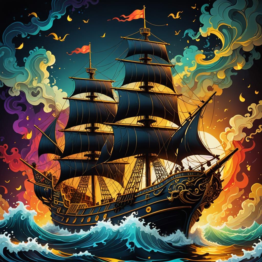 Abstract Pirate Ship on Turbulent Sea in Zentangle Style