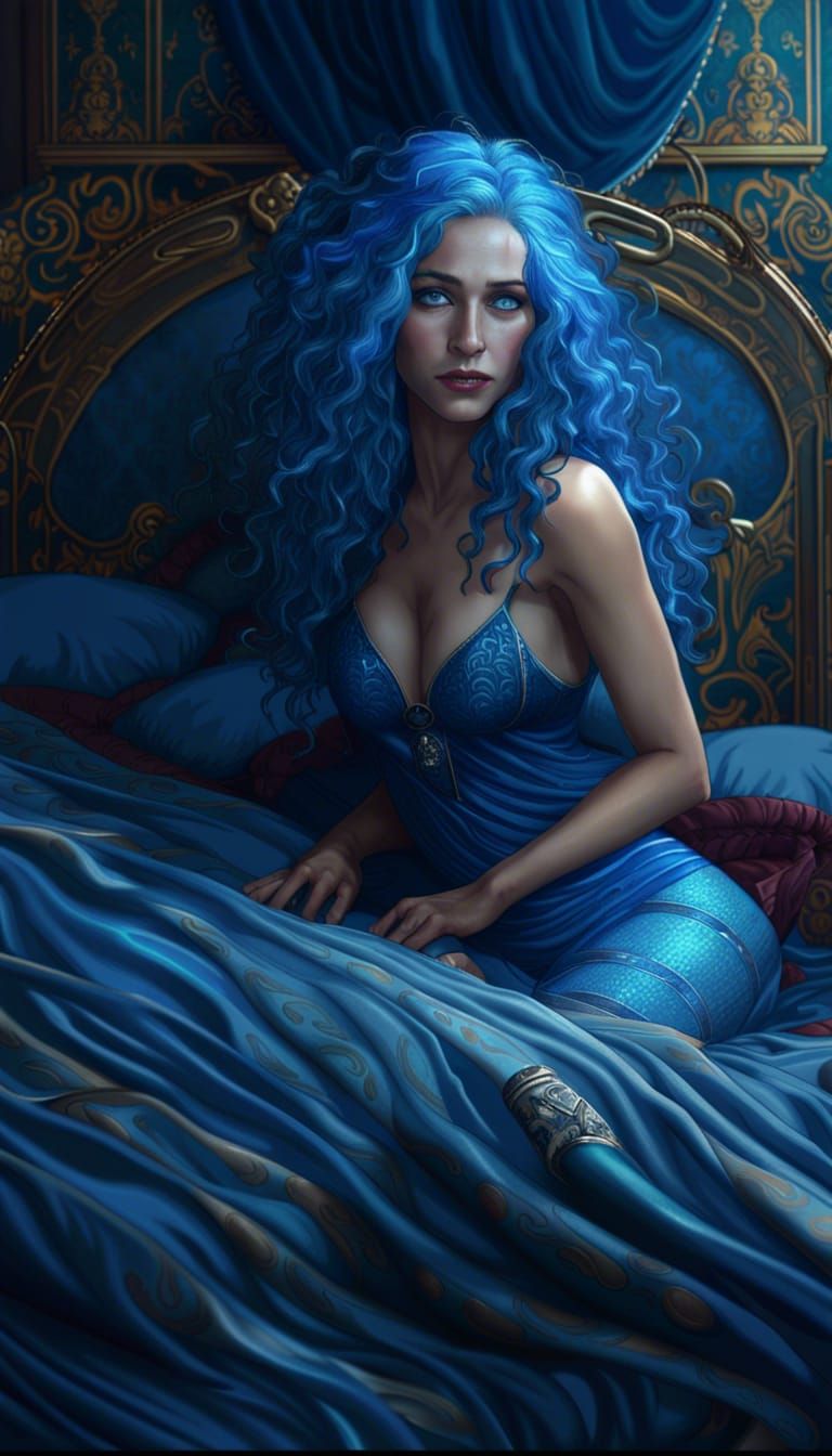Blue-Haired Woman in Ornate Room, Dark Fantasy Art