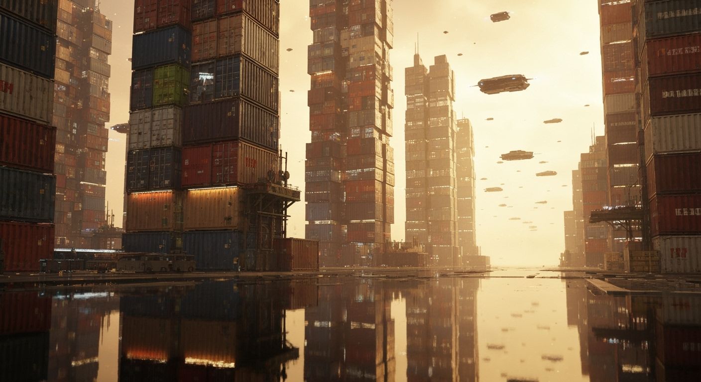 Futuristic Cityscape of Shipping Containers in Golden Light
