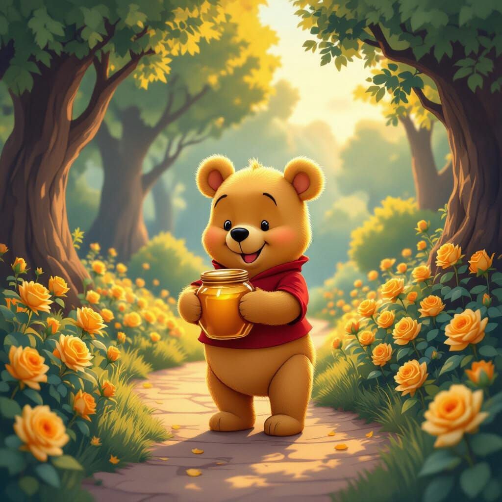 Cartoon Bear with Honey Jar in Fairy Tale Setting