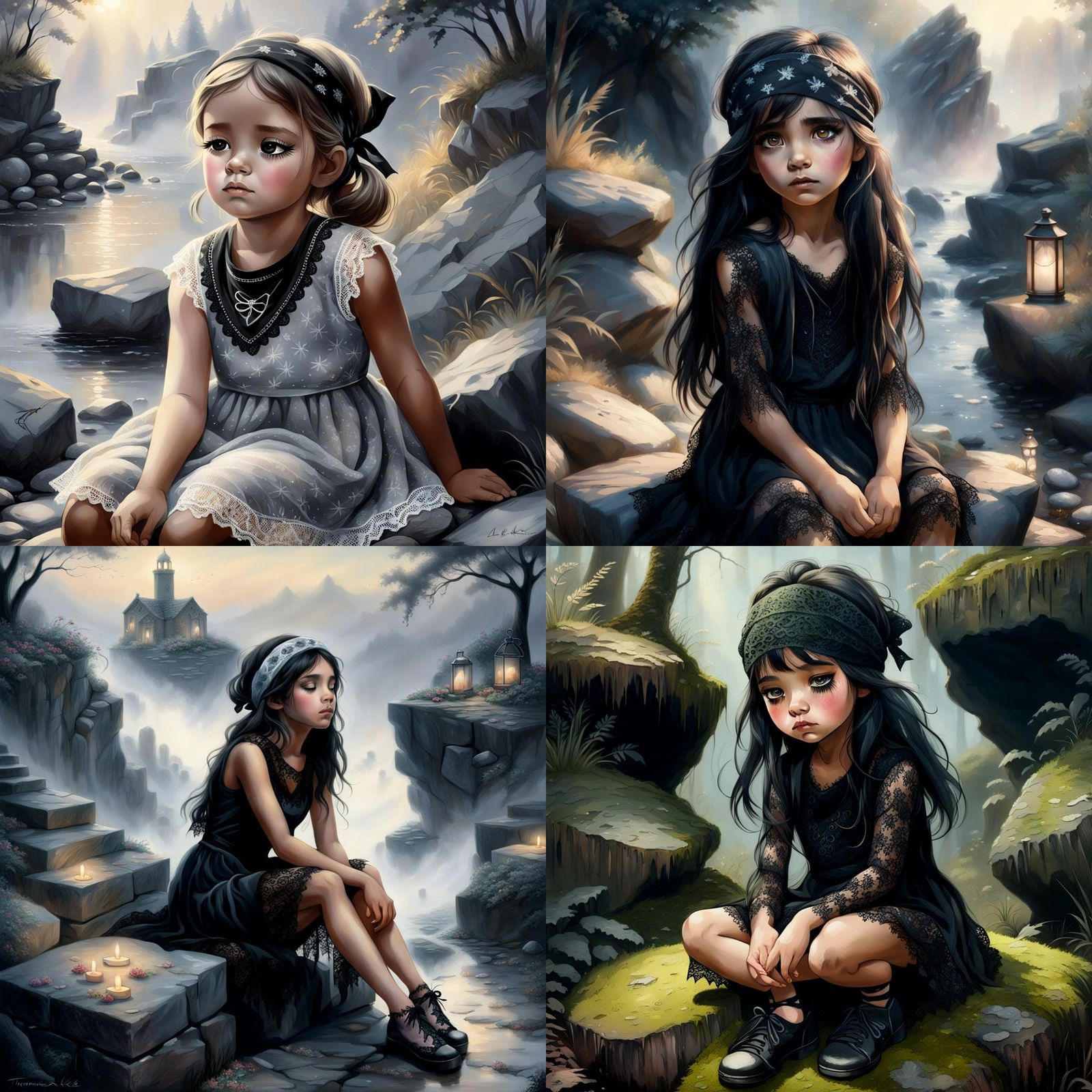 Sad Girl in Black Lace: Ethereal Hyperdetailed Portrait