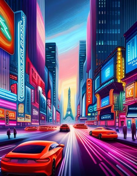 Futuristic Cityscape in Neon-Drenched Cyberpunk Style