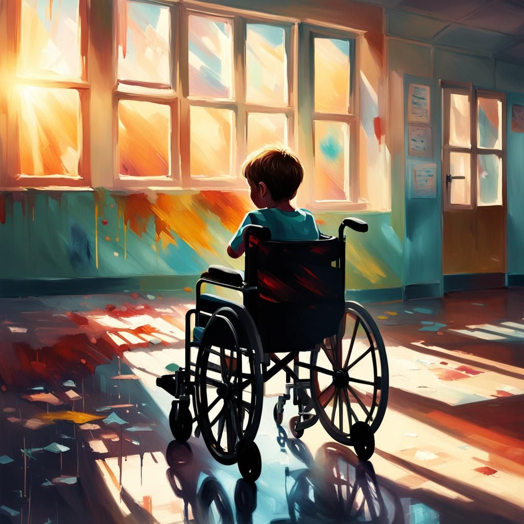 Crying Boy in Wheelchair: Fantastical Oil Painting