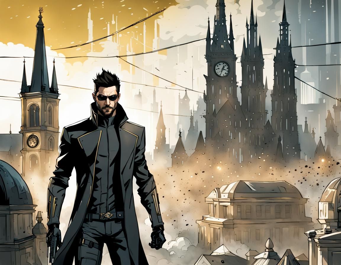 Adam Jensen Portrait in Futuristic Prague, Comic Art