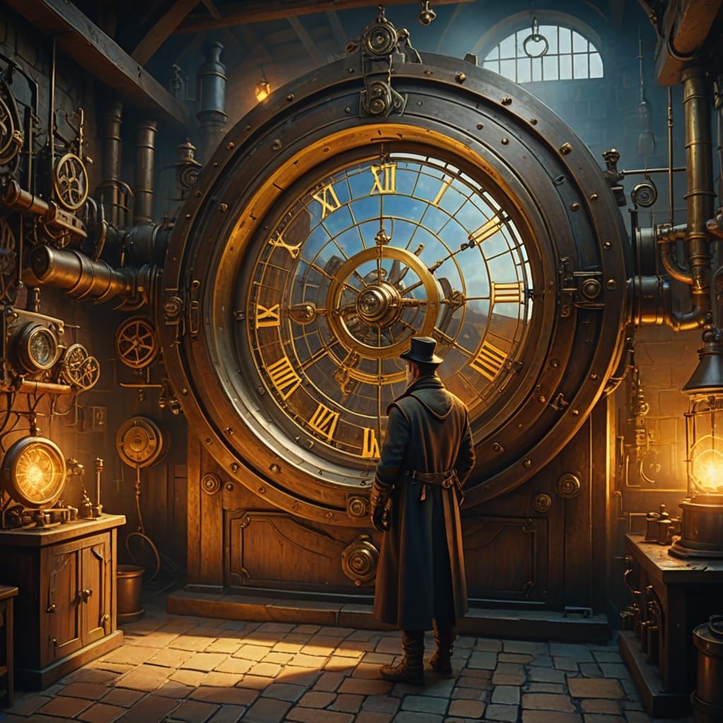 Steampunk Time Machine Opens Portal in Oil Painting