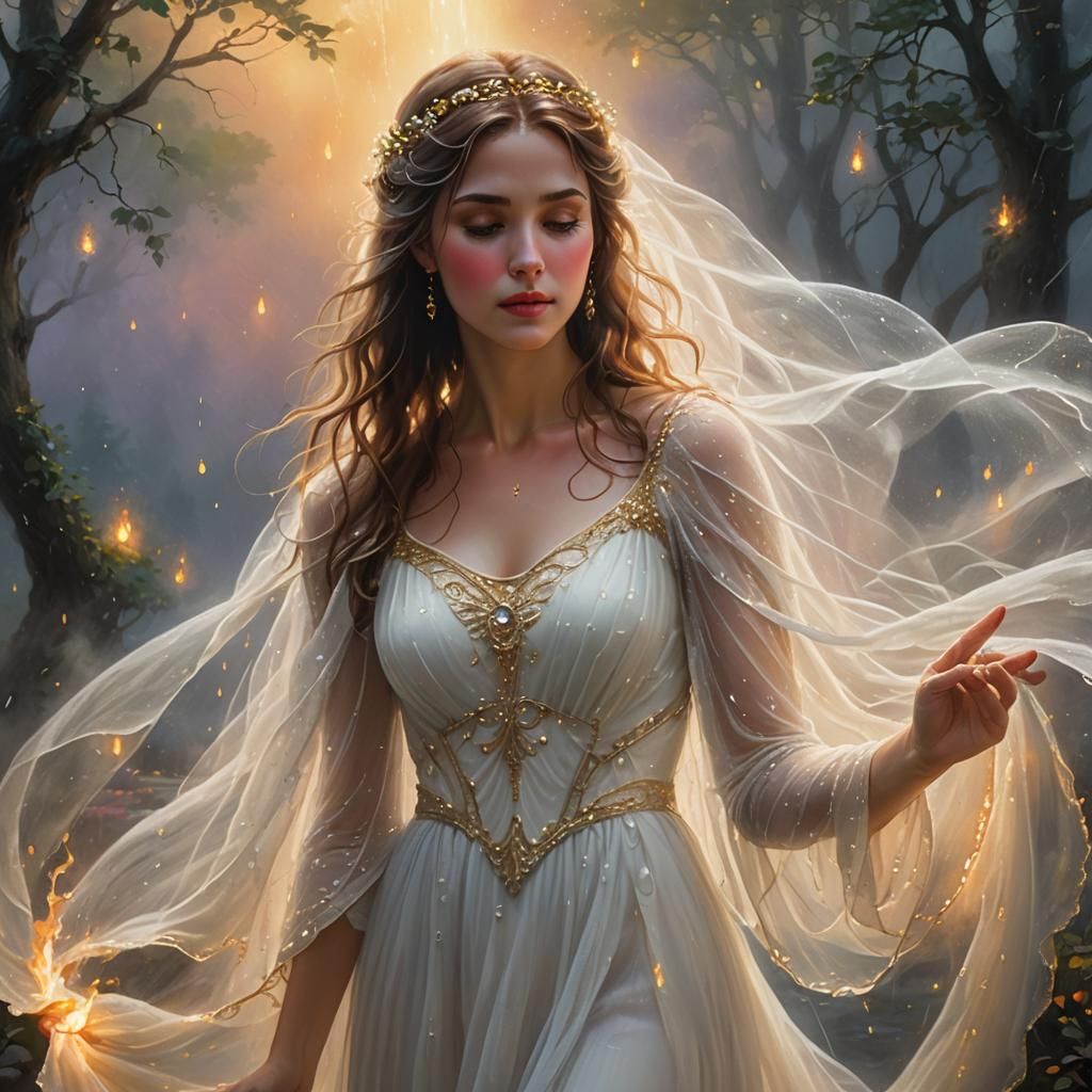 Ethereal Woman in Rain with Gentle Flames