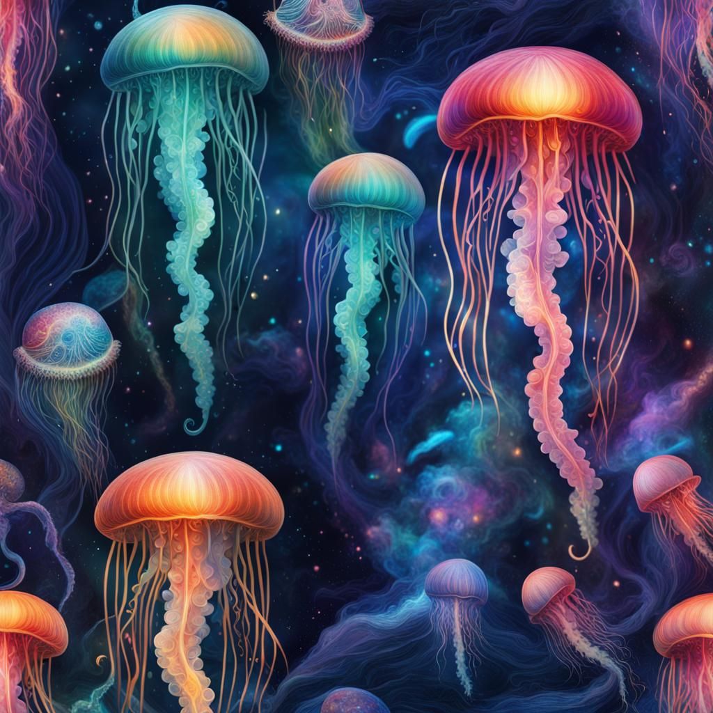 Vibrant Jellyfish in Dark Ocean: Cosmic Illustration