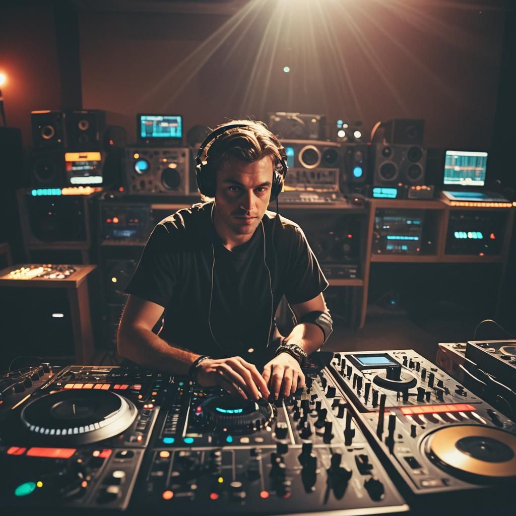 DJ Surrounded by Electronic Music Equipment